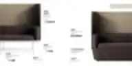 Technical data diagram for the OffStage high-back sofa. Features include a 30 mm thick high back for sound absorption, 40 mm painted MDF base, high-elastic foam seat, Ø20 mm metal legs, and a closed base option.