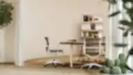 Minimalistinė susitikimų zona su baltomis tinklinėmis kėdėmis, mediniu stalu, žurnalų lentyna, kaktusais ir alyvmedžių dekoru