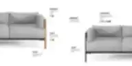 Technical data diagram of the BASTION modular sofa. Features include large cushions with high-resilience foam and zippered covers, solid Ø43 mm oak wood legs or Ø28 mm metal tube legs, and decorative wood or metal sheet armrests.