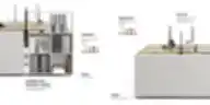 Detailed diagram showing a modular office desk system with a wooden storage cabinet, a flip-up section for cable access, a fabric screen/modesty panel, and finish options for the 25 mm melamine tabletop.