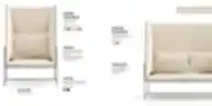 Boxy minkštas fotelis ir sofa su aukšta atlošo sienele, akustiniu audiniu, metaliniu rėmu ir minkštomis pagalvėmis