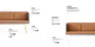 Technical diagram of the BAY low-back soft seating unit. Features include a 30 mm thick plywood back, high-elastic foam cushions, a 30 mm painted MDF base, 30x30 mm metal legs, and fabric color combination options.