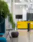 „AltSpace“ biuro registratūros zona su ryškiu geltonu stalu, pakabintais augalais ant sienos ir moderniu apšvietimu.
