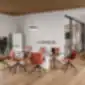 Raudonos Flexi Light kėdės aplink baltą stalą minimalistiniame biure